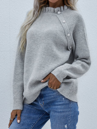 Shop Button Detail Frill Neck Rib-Knit Sweater Now On Klozey Store - U.S. Fashion And Be Up-To-Fashion!