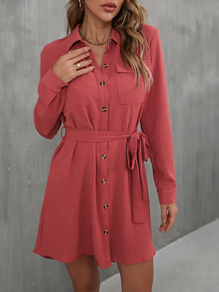 Shop Button Down Belted Long Sleeve Shirt Dress Now On Klozey Store - U.S. Fashion And Be Up-To-Fashion!