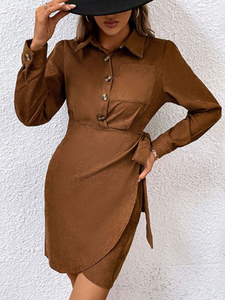 Shop Button-Down Collared Neck Long Sleeve Side Tie Dress Now On Klozey Store - Trendy U.S. Premium Women Apparel & Accessories And Be Up-To-Fashion!