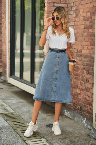 Shop Button Front A-Line Denim Skirt Now On Klozey Store - U.S. Fashion And Be Up-To-Fashion!