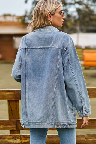 Shop Buttoned Collared Neck Denim Jacket with Pockets Now On Klozey Store - Trendy U.S. Premium Women Apparel & Accessories And Be Up-To-Fashion!