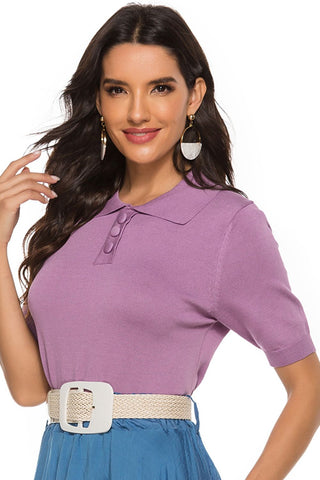Shop Buttoned Collared Neck Short Sleeve Knit Top Now On Klozey Store - U.S. Fashion And Be Up-To-Fashion!