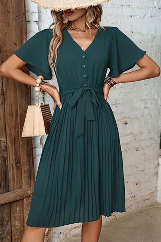 Shop Buttoned V-Neck Flutter Sleeve Pleated Dress Now On Klozey Store - Trnedy U.S. Premium Women Apparel & Accessories And Be Up-To-Fashion!