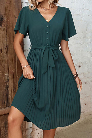 Shop Buttoned V-Neck Flutter Sleeve Pleated Dress Now On Klozey Store - Trnedy U.S. Premium Women Apparel & Accessories And Be Up-To-Fashion!