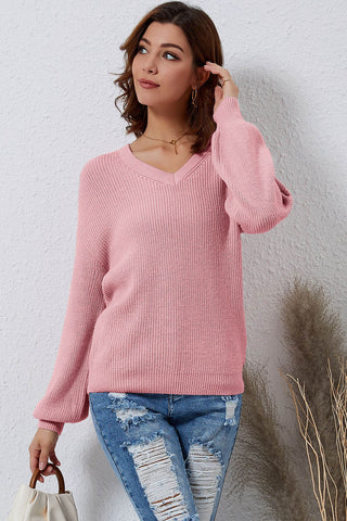 Shop V-Neck Ribbed Dropped Shoulder Sweater Now On Klozey Store - Trendy U.S. Premium Women Apparel & Accessories And Be Up-To-Fashion!