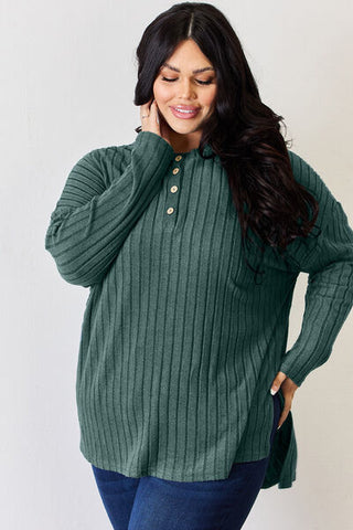 Shop Basic Bae Full Size Ribbed Half Button Long Sleeve High-Low T-Shirt Now On Klozey Store - Trendy U.S. Premium Women Apparel & Accessories And Be Up-To-Fashion!