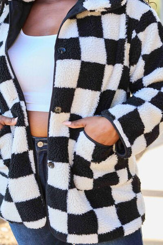 Shop Double Take Full Size Checkered Button Front Coat with Pockets Now On Klozey Store - Trendy U.S. Premium Women Apparel & Accessories And Be Up-To-Fashion!