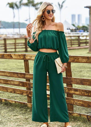 Shop Off-Shoulder Blouse and Drawstring Waist Pants Set Now On Klozey Store - U.S. Fashion And Be Up-To-Fashion!