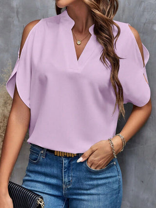 Shop Notched Cold Shoulder Blouse Now On Klozey Store - Trendy U.S. Premium Women Apparel & Accessories And Be Up-To-Fashion!