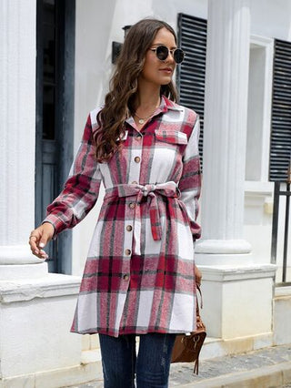 Shop Plaid Belted Collared Neck Button Up Jacket Now On Klozey Store - Trendy U.S. Premium Women Apparel & Accessories And Be Up-To-Fashion!