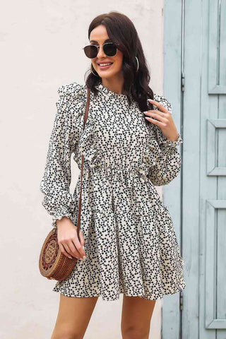 Shop Printed Ruffle Trim Smocked Long Sleeve Mini Dress Now On Klozey Store - Trendy U.S. Premium Women Apparel & Accessories And Be Up-To-Fashion!