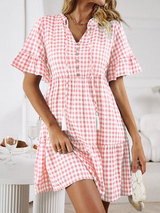 Shop Plaid Flounce Sleeve Buttoned Mini Dress Now On Klozey Store - Trendy U.S. Premium Women Apparel & Accessories And Be Up-To-Fashion!