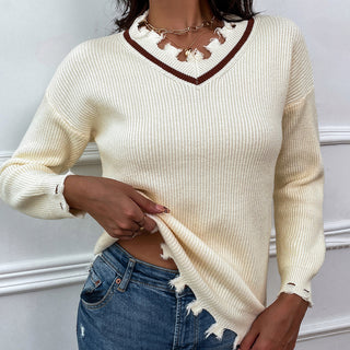 Shop Frayed Detail V-Neck Sweater Now On Klozey Store - Trendy U.S. Premium Women Apparel & Accessories And Be Up-To-Fashion!