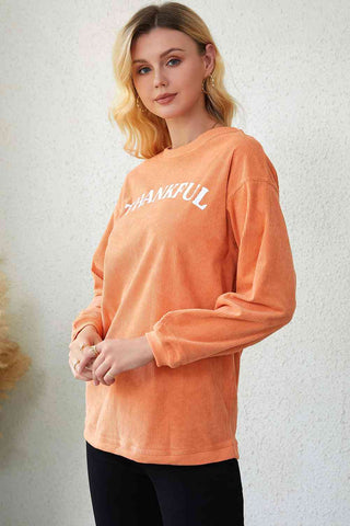 Shop Round Neck Dropped Shoulder THANKFUL Graphic Sweatshirt Now On Klozey Store - Trendy U.S. Premium Women Apparel & Accessories And Be Up-To-Fashion!
