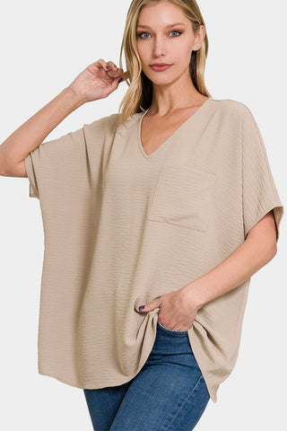 Shop Zenana Full Size Texture V-Neck Short Sleeve Top Now On Klozey Store - Trendy U.S. Premium Women Apparel & Accessories And Be Up-To-Fashion!