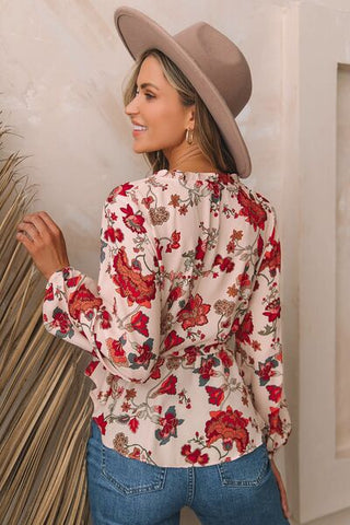 Shop Floral V-Neck Drawstring Peplum Blouse Now On Klozey Store - Trendy U.S. Premium Women Apparel & Accessories And Be Up-To-Fashion!