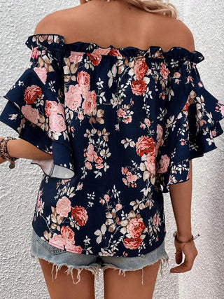Shop Printed Off-Shoulder Flounce Sleeve Blouse Now On Klozey Store - Trendy U.S. Premium Women Apparel & Accessories And Be Up-To-Fashion!