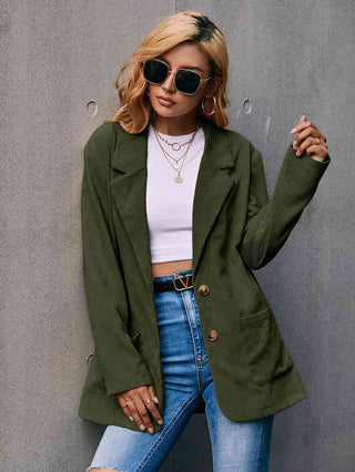 Shop Corduroy Long Sleeve Longline Blazer with Pockets Now On Klozey Store - Trendy U.S. Premium Women Apparel & Accessories And Be Up-To-Fashion!