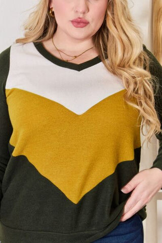 Shop Hailey & Co Full Size Colorblock V-Neck Blouse Now On Klozey Store - Trendy U.S. Premium Women Apparel & Accessories And Be Up-To-Fashion!