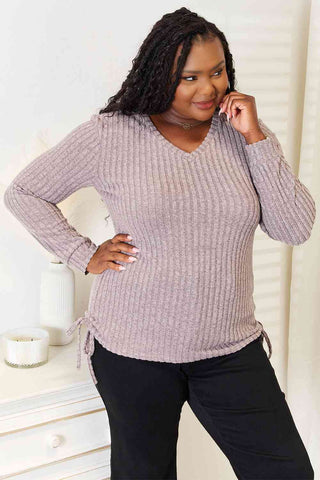 Shop Double Take Drawstring Ribbed Long Sleeve T-Shirt Now On Klozey Store - Trendy U.S. Premium Women Apparel & Accessories And Be Up-To-Fashion!