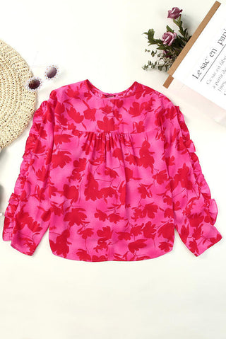 Shop Floral Tie Neck Ruffle Trim Blouse Now On Klozey Store - Trendy U.S. Premium Women Apparel & Accessories And Be Up-To-Fashion!