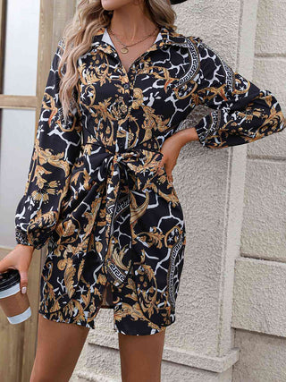 Shop Tie Front Printed Collared Neck Shirt Dress Now On Klozey Store - Trendy U.S. Premium Women Apparel & Accessories And Be Up-To-Fashion!