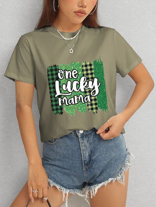 Shop ONE LUCKY MAMA Round Neck T-Shirt Now On Klozey Store - Trendy U.S. Premium Women Apparel & Accessories And Be Up-To-Fashion!