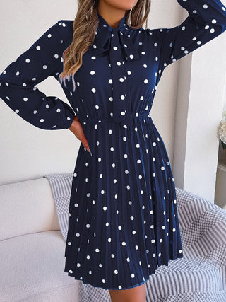 Shop Polka Dot Tie Neck Pleated Dress Now On Klozey Store - Trendy U.S. Premium Women Apparel & Accessories And Be Up-To-Fashion!