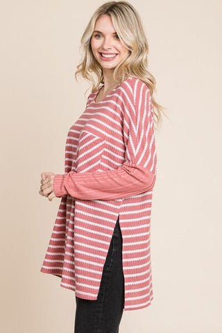 Shop Culture Code Oversize Striped Round Neck Long Sleeve Slit T-Shirt Now On Klozey Store - Trendy U.S. Premium Women Apparel & Accessories And Be Up-To-Fashion!