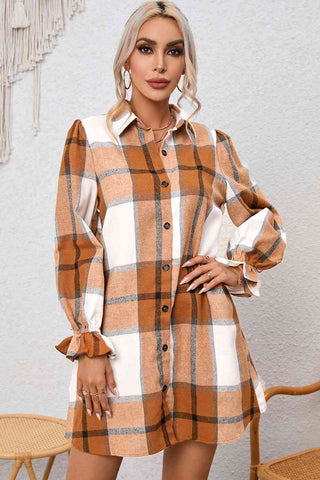 Shop Plaid Collared Neck Flounce Sleeve Shirt Dress Now On Klozey Store - Trendy U.S. Premium Women Apparel & Accessories And Be Up-To-Fashion!