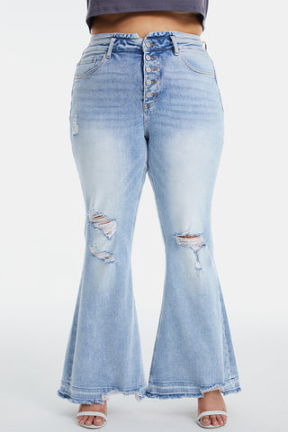 Shop BAYEAS Full Size Distressed Raw Hem High Waist Flare Jeans Now On Klozey Store - Trendy U.S. Premium Women Apparel & Accessories And Be Up-To-Fashion!