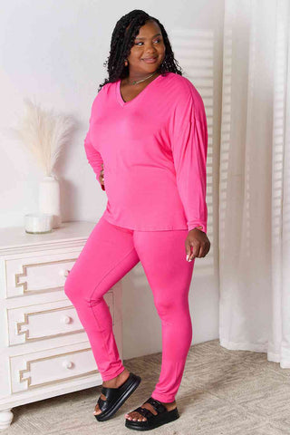 Shop Basic Bae Full Size V-Neck Soft Rayon Long Sleeve Top and Pants Lounge Set Now On Klozey Store - Trendy U.S. Premium Women Apparel & Accessories And Be Up-To-Fashion!