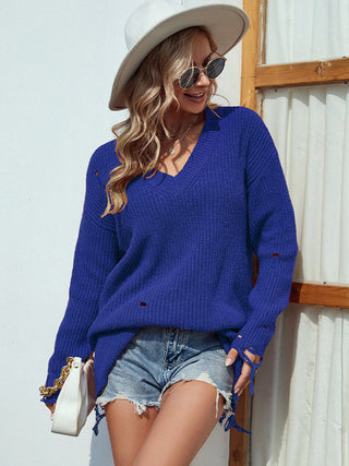 Shop Distressed V-Neck Drop Shoulder Sweater Now On Klozey Store - Trendy U.S. Premium Women Apparel & Accessories And Be Up-To-Fashion!