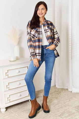 Shop Double Take Plaid Button Front Shirt Jacket with Breast Pockets Now On Klozey Store - Trendy U.S. Premium Women Apparel & Accessories And Be Up-To-Fashion!