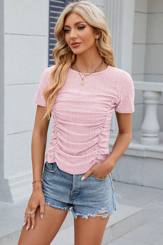 Shop Eyelet Ruched Round Neck Short Sleeve T-Shirt Now On Klozey Store - Trendy U.S. Premium Women Apparel & Accessories And Be Up-To-Fashion!