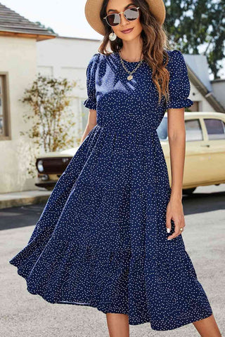 Shop Polka Dot Short Flounce Sleeve Tiered Midi Dress Now On Klozey Store - Trendy U.S. Premium Women Apparel & Accessories And Be Up-To-Fashion!