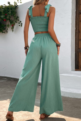 Shop Tie Shoulder Smocked Crop Top and Wide Leg Pants Set Now On Klozey Store - Trendy U.S. Premium Women Apparel & Accessories And Be Up-To-Fashion!