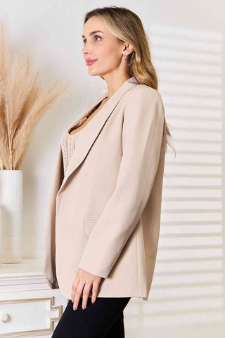 Shop Double Take Shawl Collar Long Sleeve Blazer Now On Klozey Store - Trendy U.S. Premium Women Apparel & Accessories And Be Up-To-Fashion!
