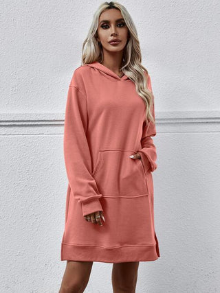 Shop Slit Long Sleeve Hooded Dress with Pocket Now On Klozey Store - Trendy U.S. Premium Women Apparel & Accessories And Be Up-To-Fashion!