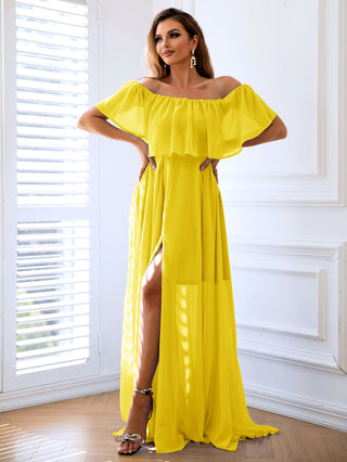Shop Off-Shoulder Layered Split Maxi Dress Now On Klozey Store - Trendy U.S. Premium Women Apparel & Accessories And Be Up-To-Fashion!