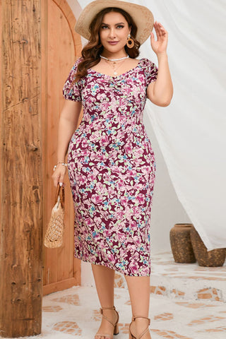 Shop Plus Size Floral Ruched Slit Midi Dress Now On Klozey Store - U.S. Fashion And Be Up-To-Fashion!