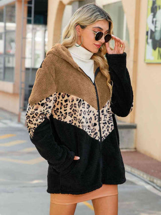 Shop Leopard Color Block Hooded Teddy Jacket Now On Klozey Store - Trendy U.S. Premium Women Apparel & Accessories And Be Up-To-Fashion!