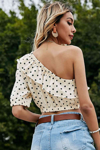 Shop Polka Dot One-Shoulder Ruffled Crop Top Now On Klozey Store - Trendy U.S. Premium Women Apparel & Accessories And Be Up-To-Fashion!