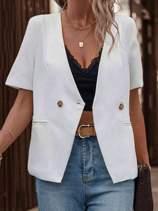 Shop Two-Button Short Sleeve Pocket Blazer Now On Klozey Store - Trendy U.S. Premium Women Apparel & Accessories And Be Up-To-Fashion!