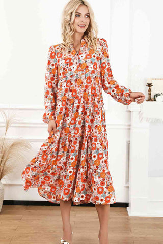 Shop Floral Notched Neck Long Sleeve Dress Now On Klozey Store - Trendy U.S. Premium Women Apparel & Accessories And Be Up-To-Fashion!