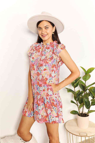 Shop Double Take Floral Tie Neck Cap Sleeve Dress Now On Klozey Store - Trendy U.S. Premium Women Apparel & Accessories And Be Up-To-Fashion!
