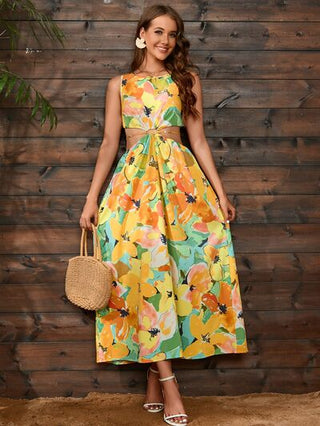 Shop Cutout Floral Round Neck Sleeveless Dress Now On Klozey Store - U.S. Fashion And Be Up-To-Fashion!