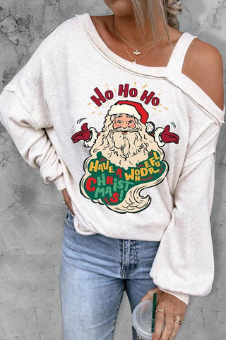 Shop Santa Claus Graphic Asymmetrical Neck Long Sleeve Top Now On Klozey Store - Trendy U.S. Premium Women Apparel & Accessories And Be Up-To-Fashion!