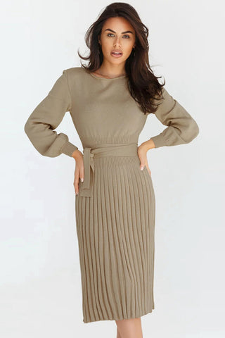 Shop Round Neck Long Sleeve Pleated Sweater Dress Now On Klozey Store - Trendy U.S. Premium Women Apparel & Accessories And Be Up-To-Fashion!