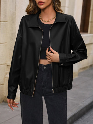 Shop Pocketed Zip Up Collared Neck Jacket Now On Klozey Store - Trendy U.S. Premium Women Apparel & Accessories And Be Up-To-Fashion!